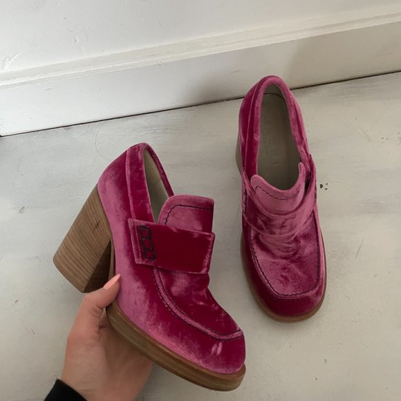MARNI Pink Velvet Moccasin Loafers Chunky Block High Heels Sz 37 - Picture 3 of 10